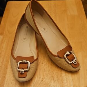 Celine Beige and Tan Leather Trim Buckle Flats